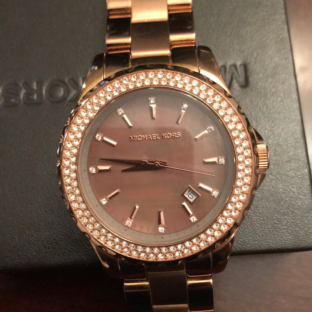 MK Rose Gold watch with chocolate face.
